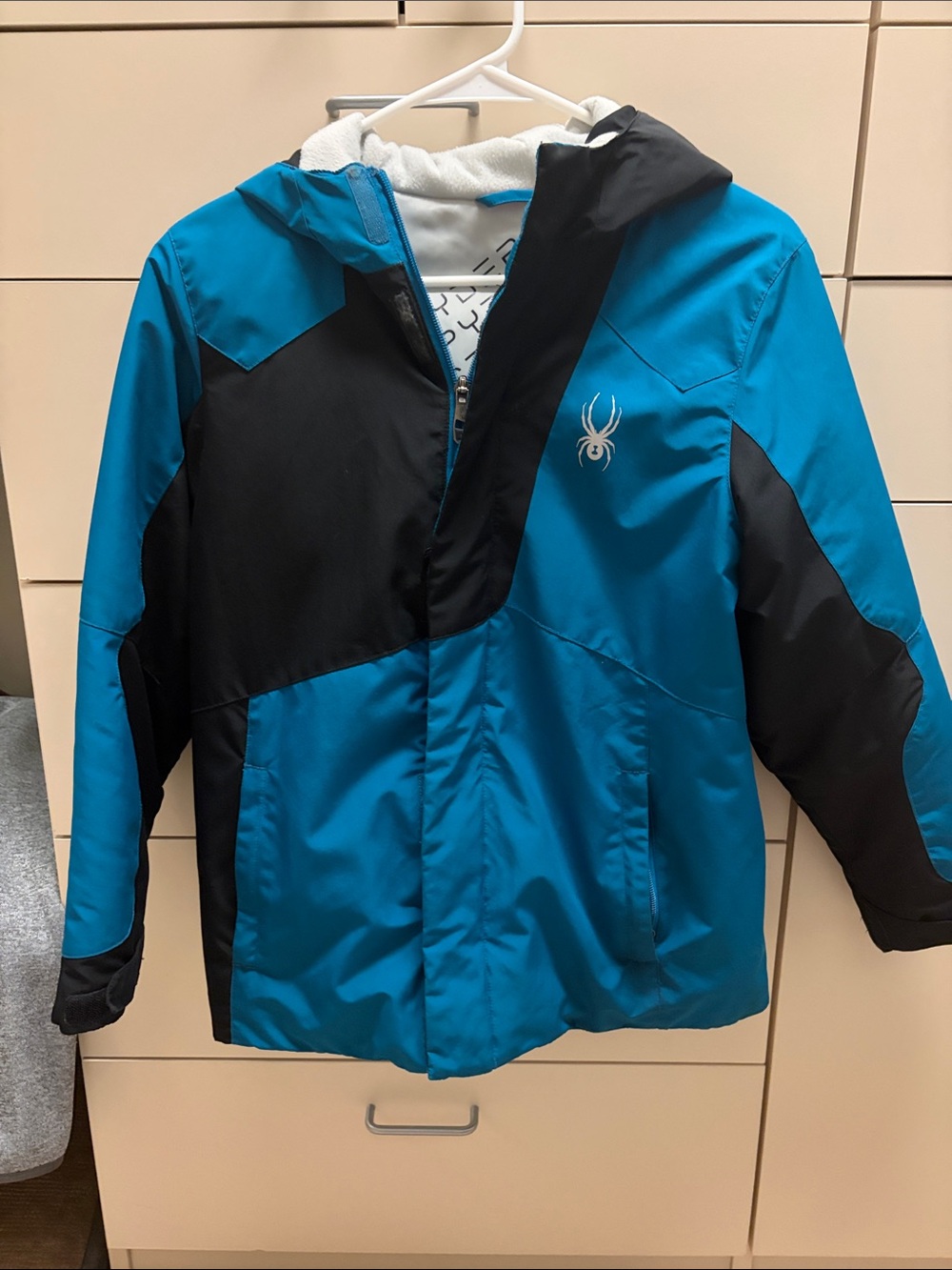 Spyder Boys Ski Jacket Size 14/16 Blue & Black Hooded Insulated
